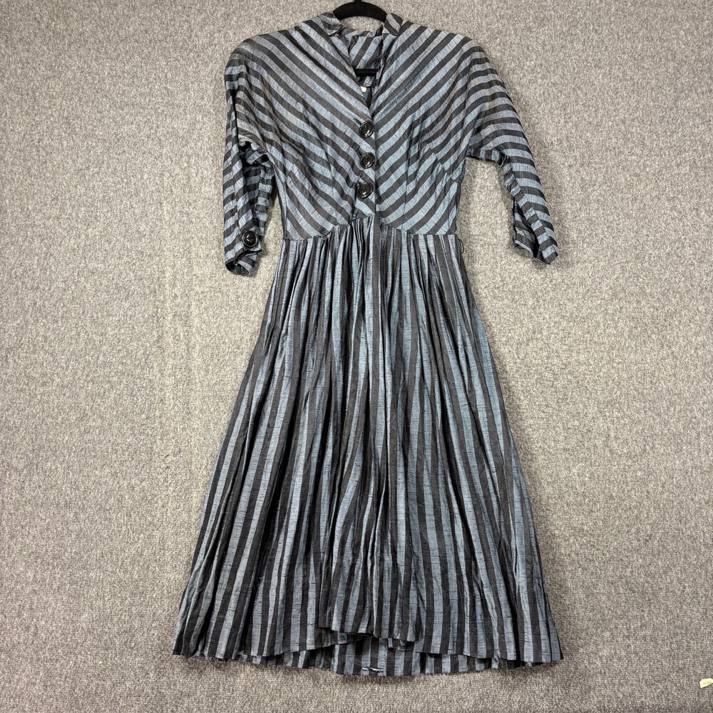 Vintage 50s Blue Black Striped Fit Flare Midi Dress Button Front Small